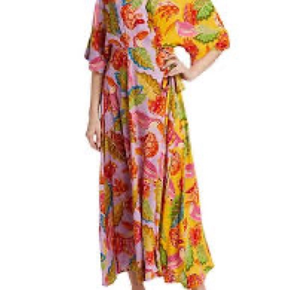 FARM RIO MIXED BEAKS & BANANAS VISCOSE WRAP MAXI DRESS MULTICOLOR SIZE LARGE NEW - Picture 7 of 11